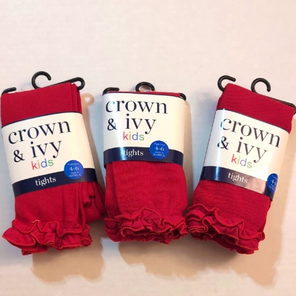 Crown & Ivy Footless Tights. Red. Ruffle Bottom. Set Of 3. Size 4-6